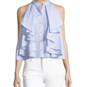 CAROLINE CONTSAS Blue striped ADRIE Poplin Ruffle Blouse Size Small